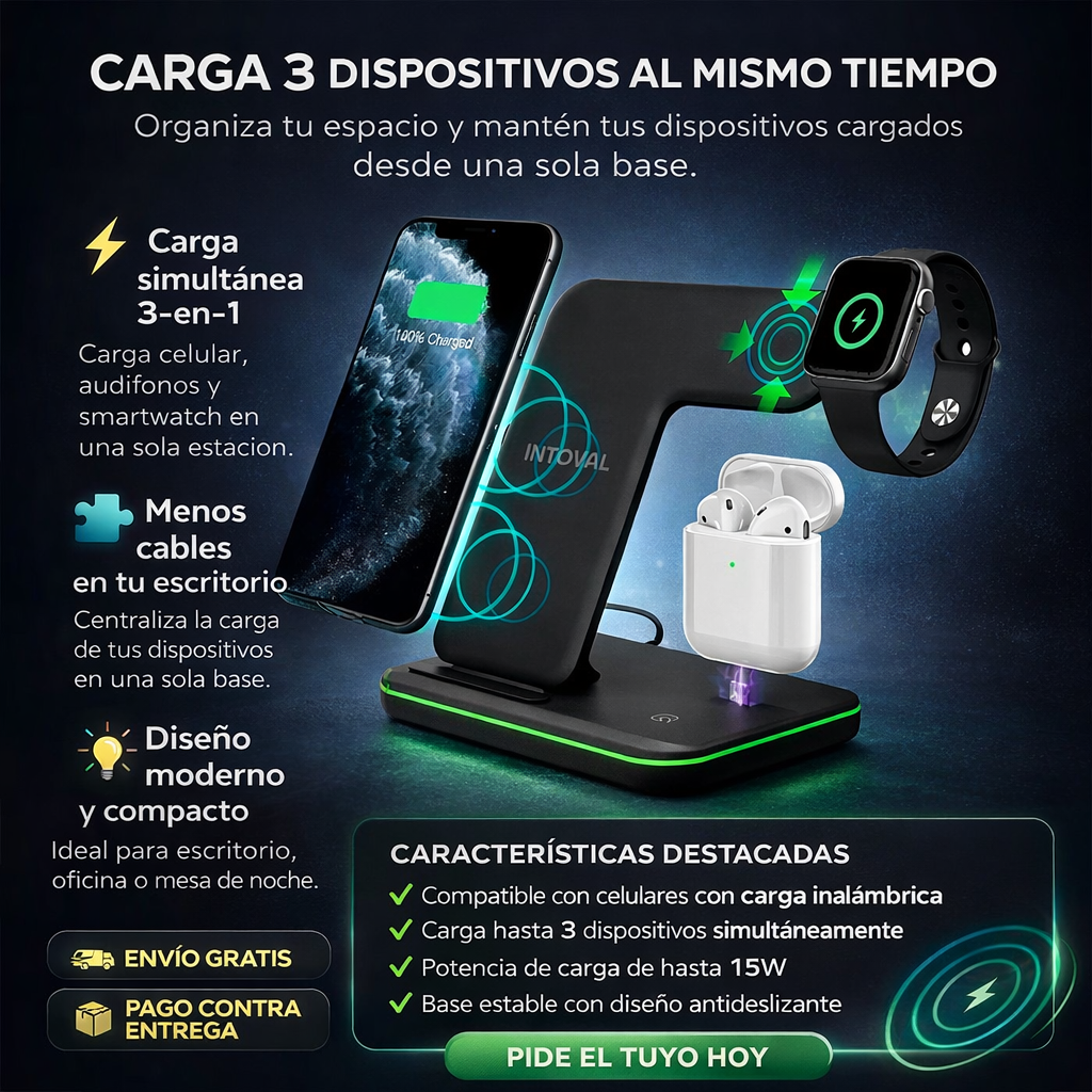 ¡Si siempre tienes el celular, reloj o audífonos sin batería… este cargador 3-en-1 lo soluciona en segundos.🔋📱!