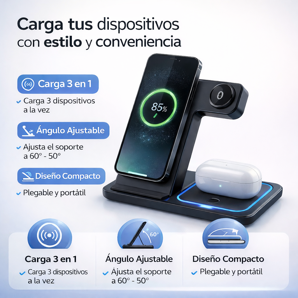 ¡Si siempre tienes el celular, reloj o audífonos sin batería… este cargador 3-en-1 lo soluciona en segundos.🔋📱!
